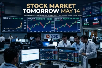 Indian stock market outlook for May 14, 2026 showing Nifty 50, Sensex charts, India VIX volatility and trading activity.