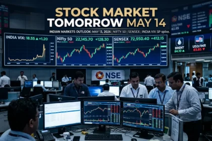 Indian stock market outlook for May 14, 2026 showing Nifty 50, Sensex charts, India VIX volatility and trading activity.