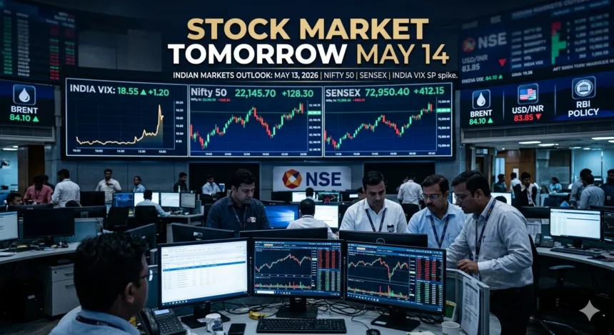 Indian stock market outlook for May 14, 2026 showing Nifty 50, Sensex charts, India VIX volatility and trading activity.